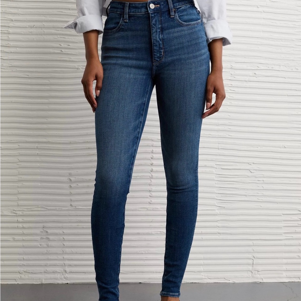 Sz 4 Long American Eagle High Waisted Super Stretch Med Wash Denim Jegging Jeans